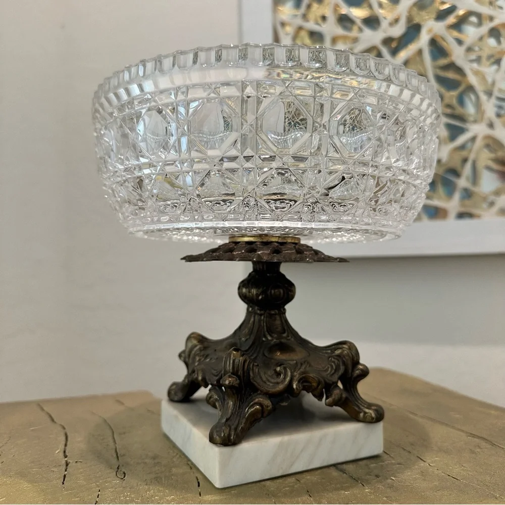 Vintage Italian Crystal Compote Bowl w/ Ornate Metal Pedestal Marble Base 8x8”